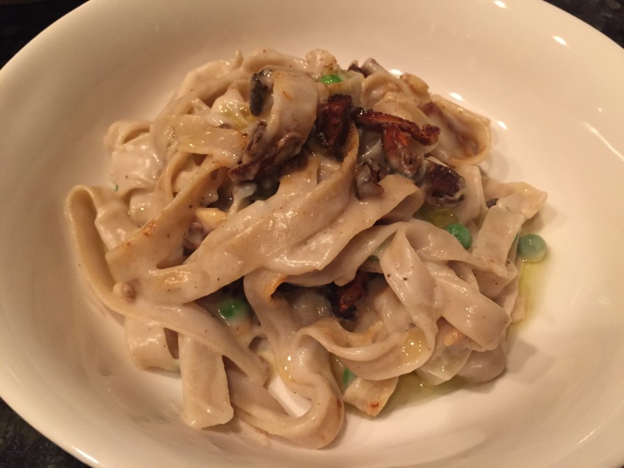 Fettuccine Alfredo with Peas and Shiitake Bacon Meatless in the Mountains